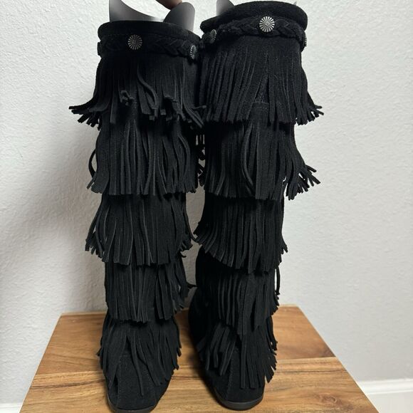 VTG MINNETONKA Suede Black Leather Fringe Mid Calf Moccasin Boots Sz 7 Festival - Picture 5 of 7